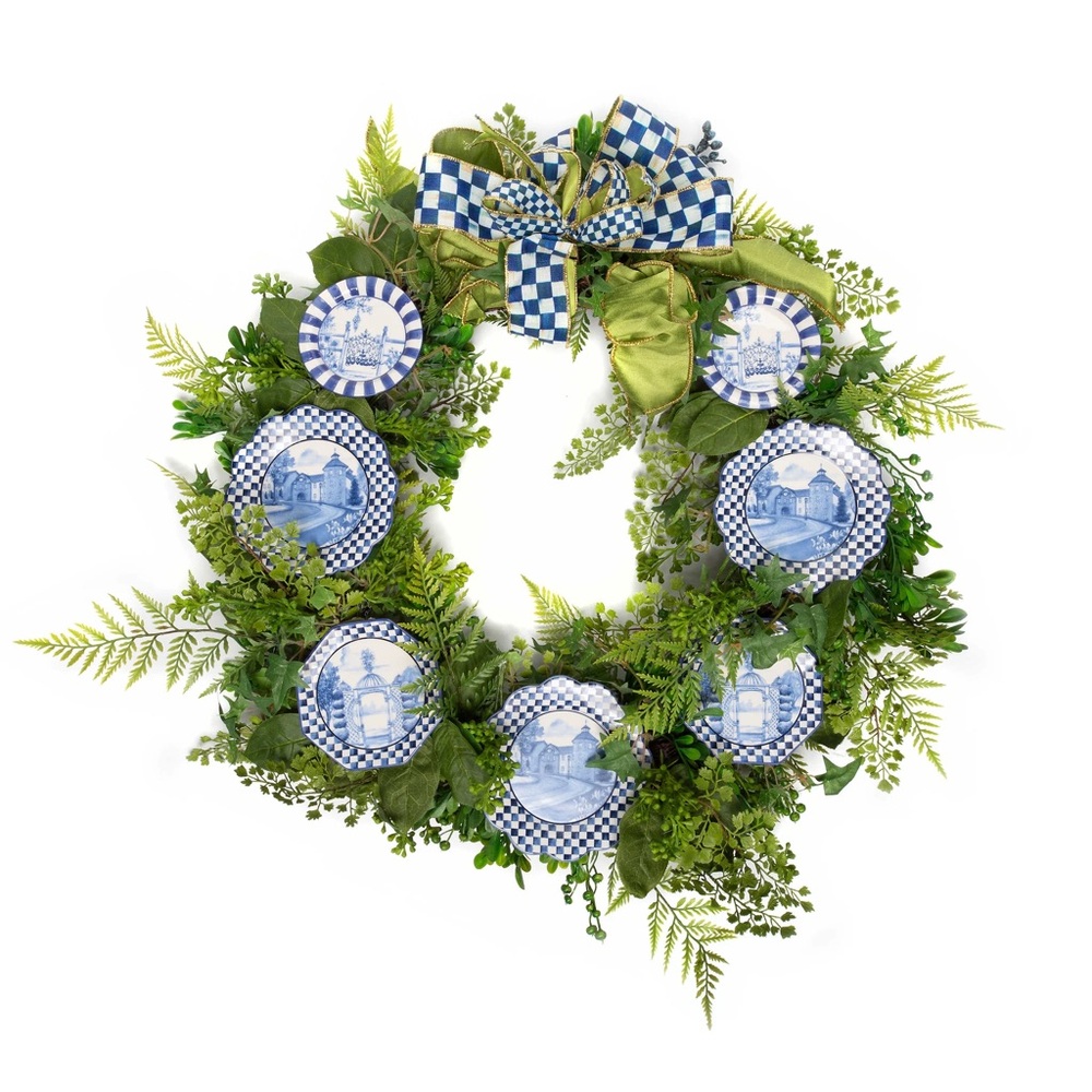 New MacKenzie-Childs Fern Royal Blue Check Toile Plate Door Wreath Rare Style - Picture 2 of 5